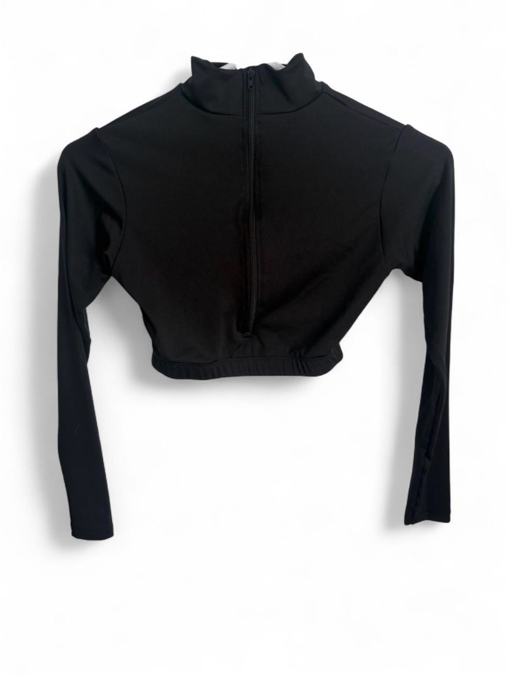 Varsity Black Long-Sleeve Cropped Zip Mock Neck Top